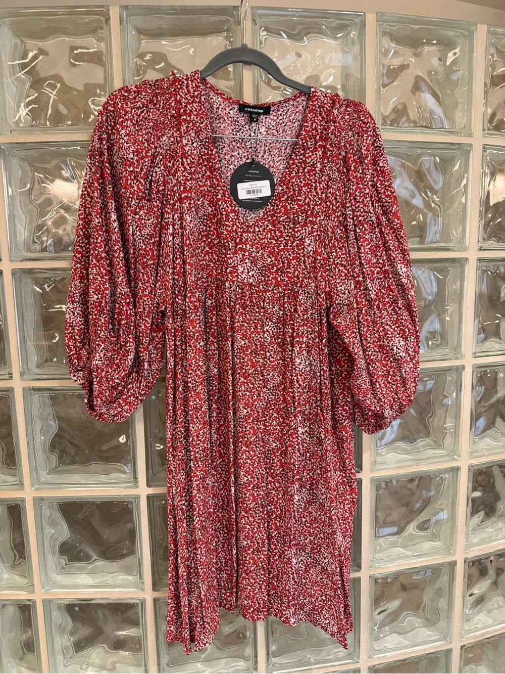 mittoshop Red Printed Puff-Sleeve Long-Sleeve Dress